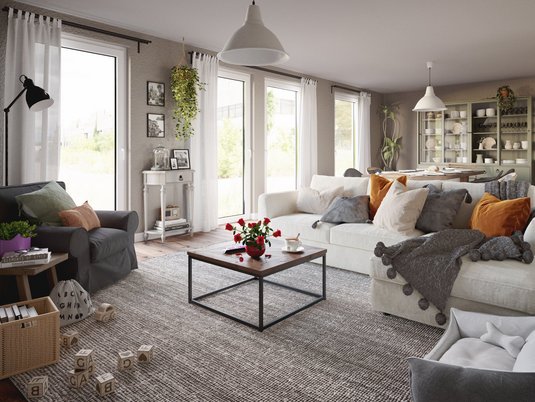Stadtvilla 145 - helles Wohnzimmer für entspannte Momente Stadtvilla 145 Innenansicht - großzügiges Wohnzimmer mit moderner Einrichtung und viel Tageslicht