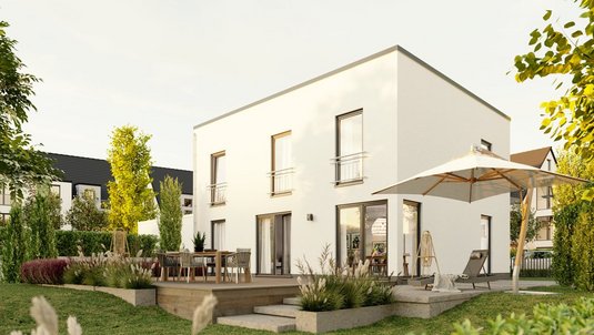 Flair 152 RE - Stadthaus im Bauhausstil mit Flachdach Modernes Stadthaus Flair 152 RE mit Flachdach und klaren Linien im Bauhausstil, Gartenansicht
