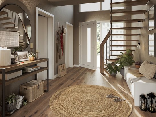 Stadtvilla 145 Innenansicht - Eingangsbereich mit Galerie und großer Glasfront