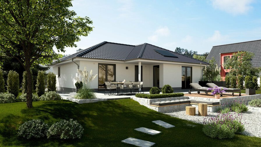 Moderner Winkelbungalow mit lichtdurchfluteter Terrasse Ein stilvoller, eingeschossiger Winkelbungalow in L-Form mit geschützter Terrasse, bodentiefen Fenstern und großzügigem Grundriss