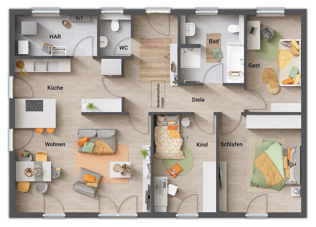 Grundriss: Erdgeschoss mit Gäste-WC im Bungalow 110