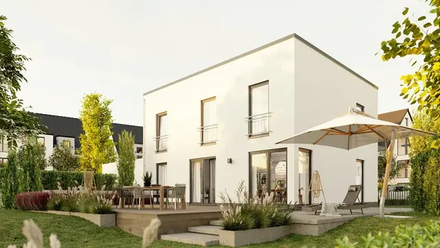 Flair 152 RE - Stadthaus im Bauhausstil mit Flachdach Modernes Stadthaus Flair 152 RE mit Flachdach und klaren Linien im Bauhausstil, Gartenansicht