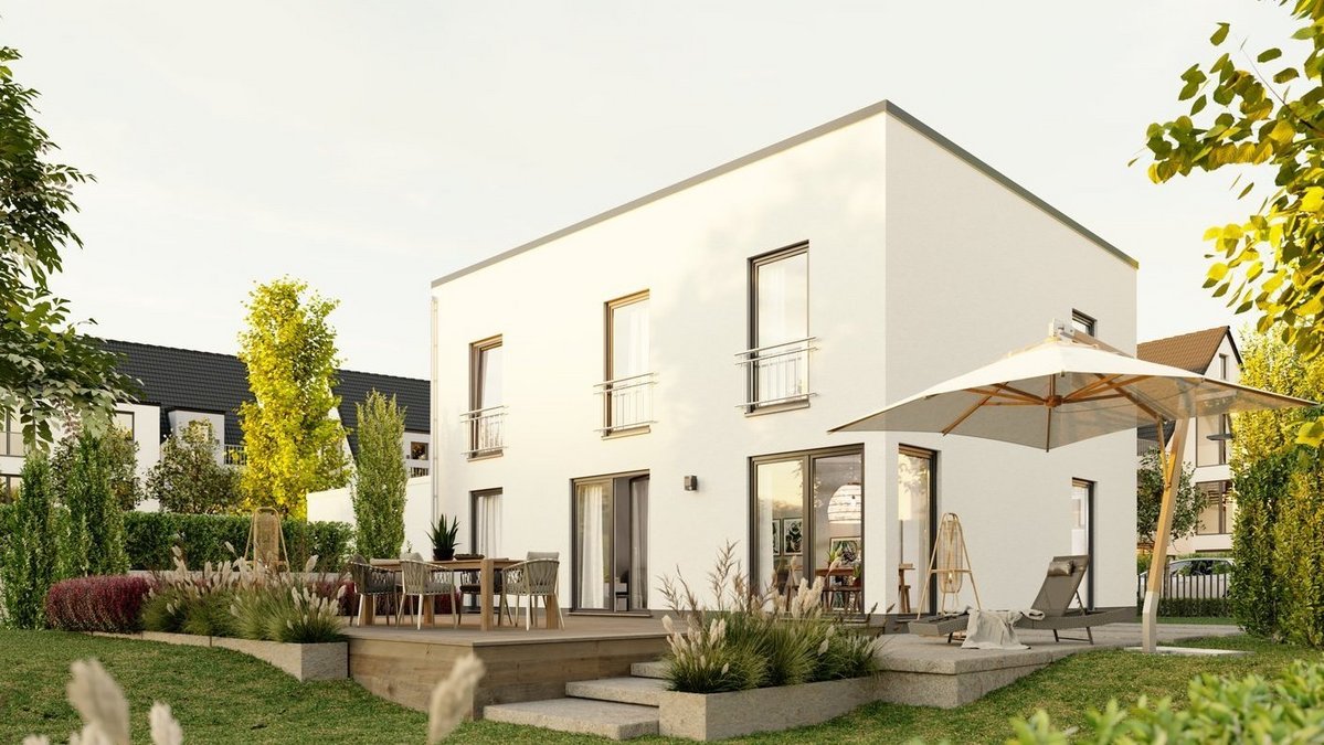 Modernes Stadthaus Flair 152 RE mit Flachdach und klaren Linien im Bauhausstil, Gartenansicht