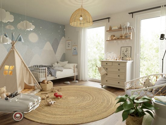 Stadtvilla 145 Innenansicht - Kinderzimmer mit großen Fenstern und moderner Gestaltung