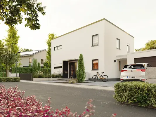 Zeitlose Architektur mit klaren Linien und Bauhaus-Design Kubische Bauform mit Flachdach und großen Fensterfronten für ein modernes, lichtdurchflutetes Stadthaus