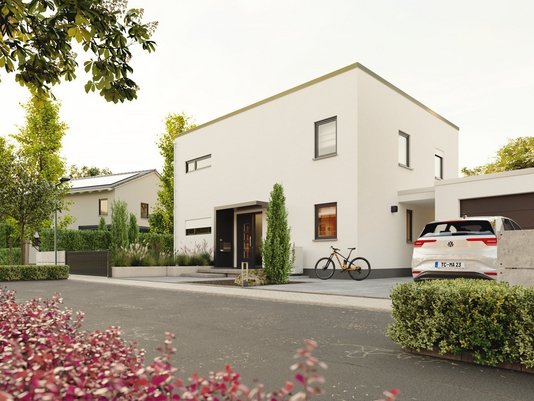 Kubische Bauform mit Flachdach und großen Fensterfronten für ein modernes, lichtdurchflutetes Stadthaus