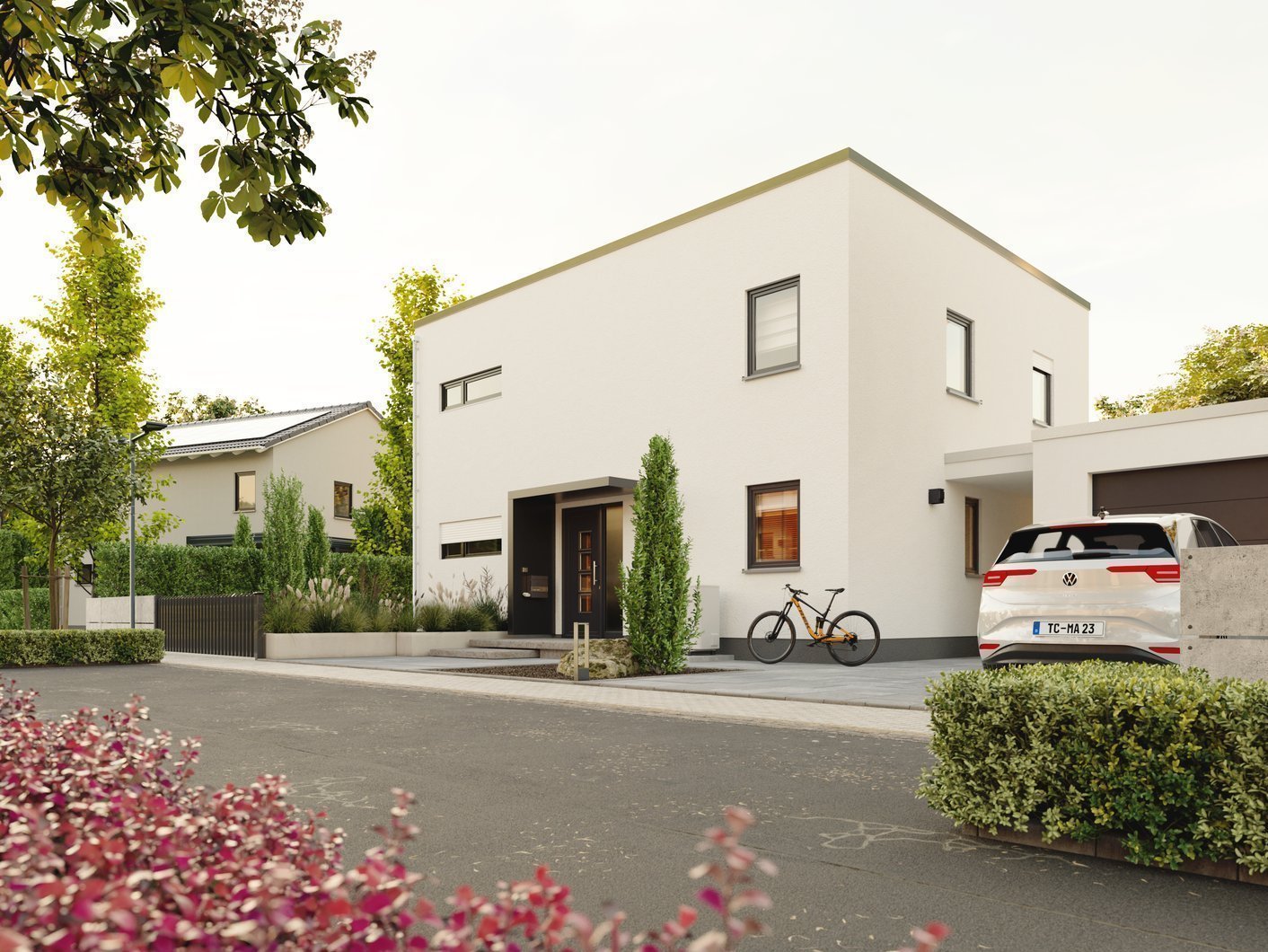 Kubische Bauform mit Flachdach und großen Fensterfronten für ein modernes, lichtdurchflutetes Stadthaus