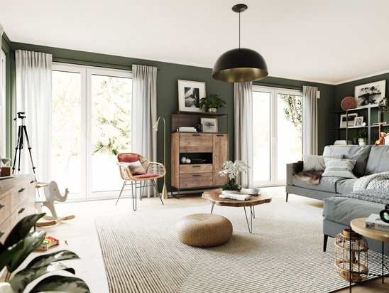 Offenes Wohnzimmer mit bodentiefen Fenstern, viel Tageslicht und Blick auf die Terrasse im Stadthaus Flair 152 RE