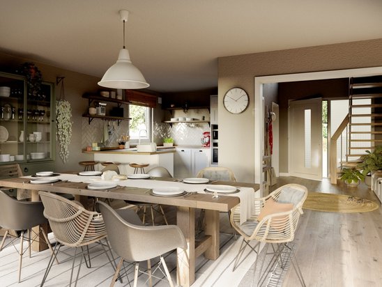 Stadtvilla 145 Innenansicht - moderner Essbereich mit offener Galerie und großen Fenstern