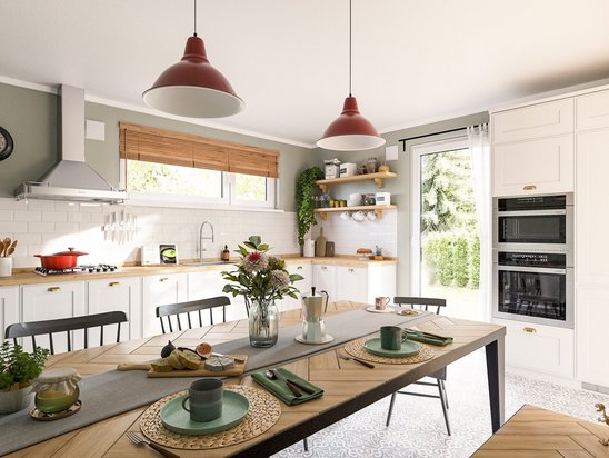 Helle, offene Küche mit viel Arbeitsfläche und direktem Übergang zum Essbereich im Stadthaus Flair 152 RE