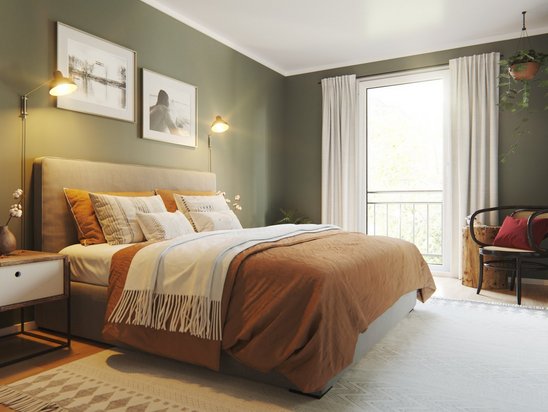 Modern eingerichtetes Schlafzimmer mit großen Fenstern und Zugang zur eigenen Ankleide im Stadthaus Flair 152 RE